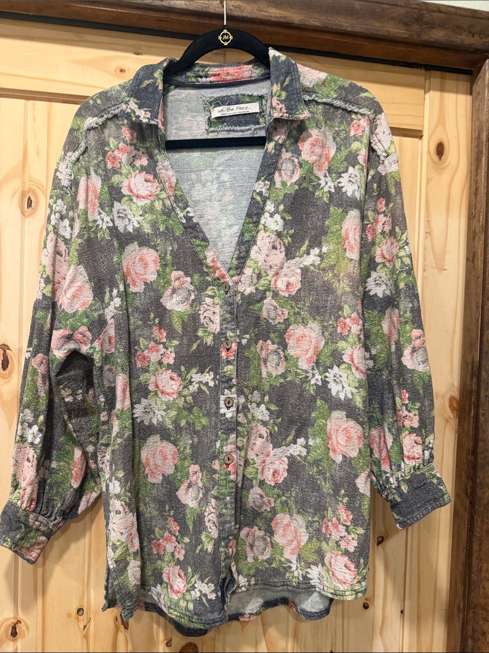 We The Free Floral Mixed-Tone Top in Gray, Pink, Green